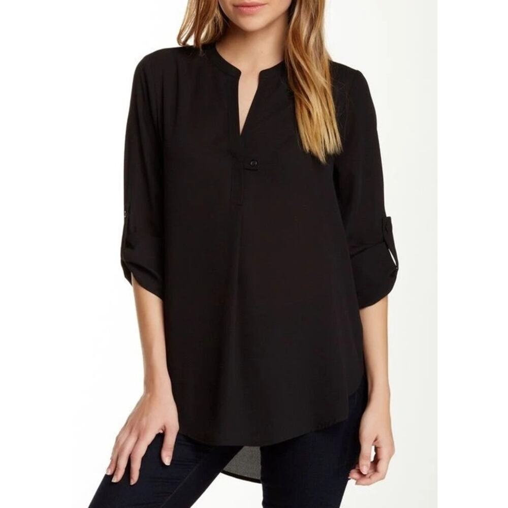 Pleione Allie Tunic Blouse Size L Black 3/4 Roll Tab Sleeve High Low Hem V-Neck